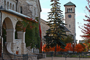 Photo of Queen's campus, showing picturesque limestone brick university buildings, with a view of the Grant Hall clock tower in the background to the right. 