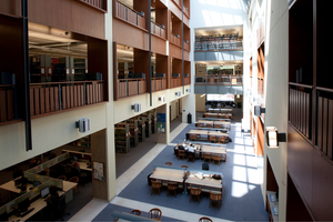 a view of Stauffer library at Queen's main floor, taken from the second floor balcony. Sunlight is streaming through an out of shot skylight and onto the wooden tables and blue floors