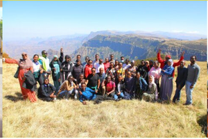 A collage of three images showing diverse groups of University of Gondar students in Ethopia chatting and interacting together in large groups